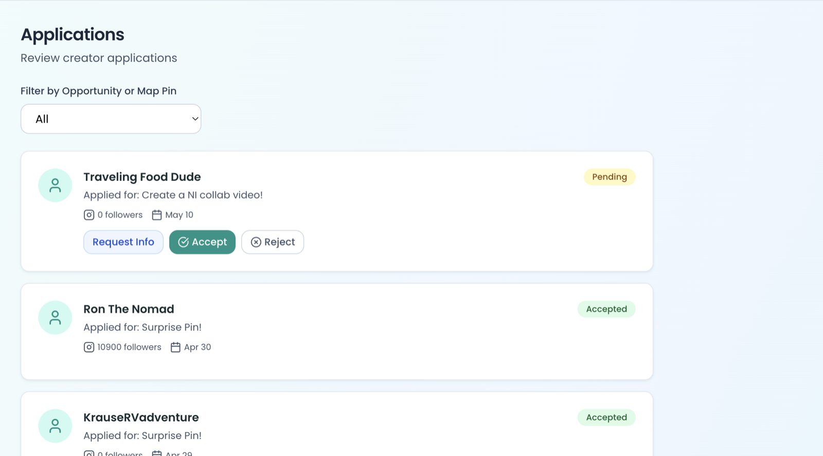 Applications review screen showing creator applicants and their status