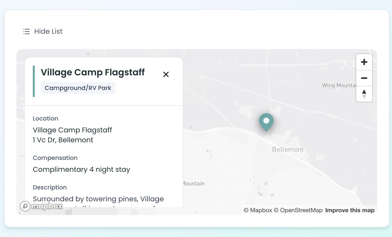 Listing detail showing location and compensation for Village Camp Flagstaff