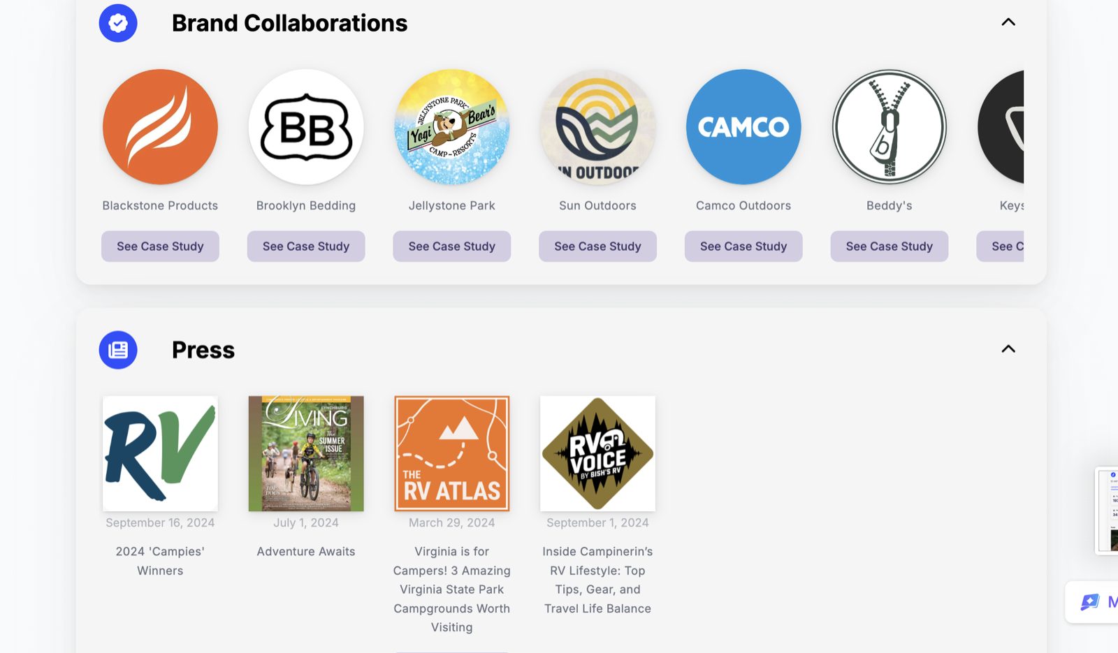 Real creator media kit showing past brand collaborations and press features